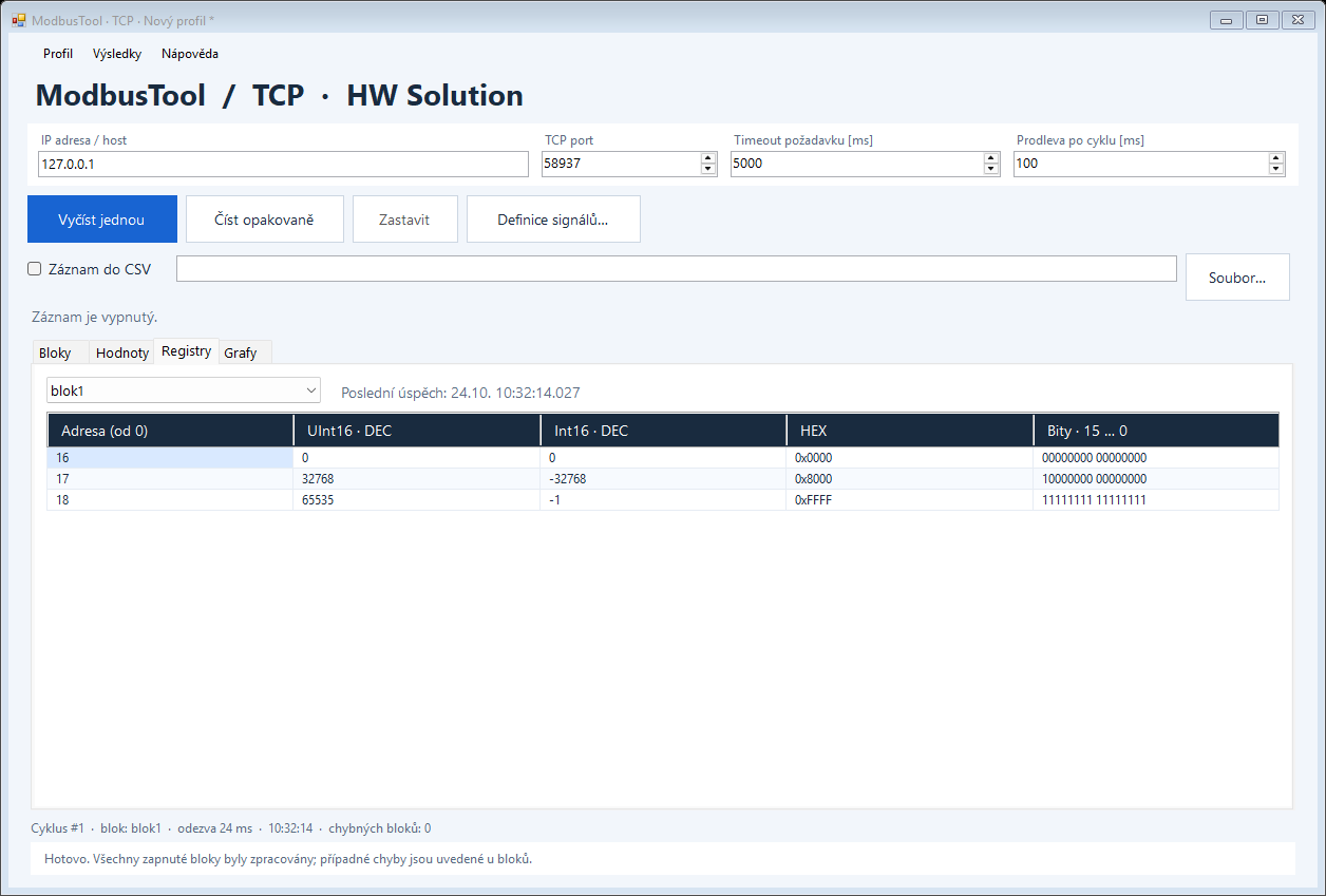 Surové registry Modbus TCP v číselném, hexadecimálním a bitovém zobrazení.